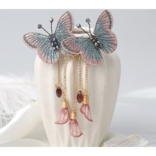New Crystal Butterfly Tassel Hairpins Fabric Embroidery Hair Clip Female Wedding Bridal Hair Clip Headpiece Hair Accessories