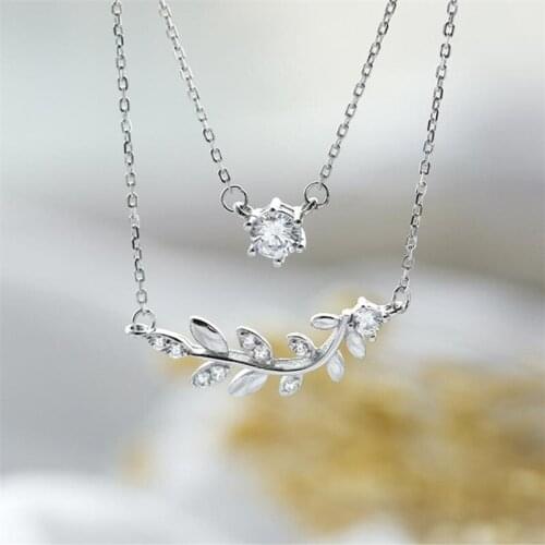 New Arrival Women Silver 925 Clavicle Necklace For Women Jewelry Top Quality Crystal Leaf Necklace Girl Double Layer Accessories
