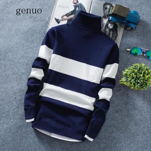 Autumn Winter Mens Fashion Turtleneck Pullovers Sweater Knitted Long Sleeve Stripe Casual Youth Slim Soft Men Clothes