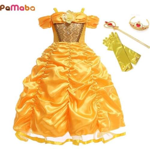 PaMaBa Cartoon The Beauty and the Beast Princess Belle Dresses Outfit Children Halloween Birthday Party Fantasy Cosplay Costume