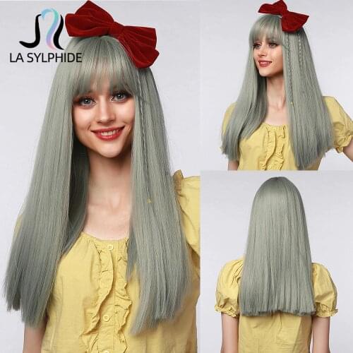La Sylphide Synthetic Wig Long Straight Silver Gray Hair Wigs with Bangs for Women Cosplay Party Daily Wig Heat Resistant