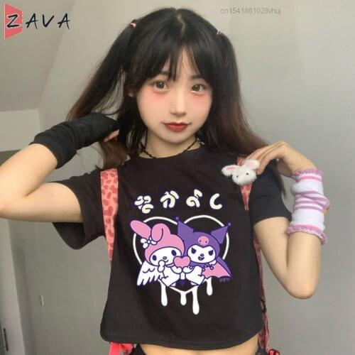 Janpanese Sweet Girls Summer Tank Tops Tees Short Cartoon Tshirt Slim Loose Y2k Melodyed Kuromied T Shirt Kawaii Female Student