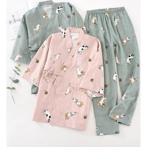 Japanese Kimono Yukata Sets Couple Clothing Kawaii Cat Floral Printed 2021 Homewear Pajamas Men Women Bathrobe Nightgown