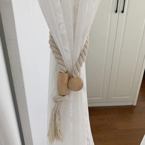 Japanese Style Curtain Tieback Hemp Rope Magnetic Buckle Strap Curtain Tie Rope Magnet Drawstring Curtain Wooden Buckle Art Hook