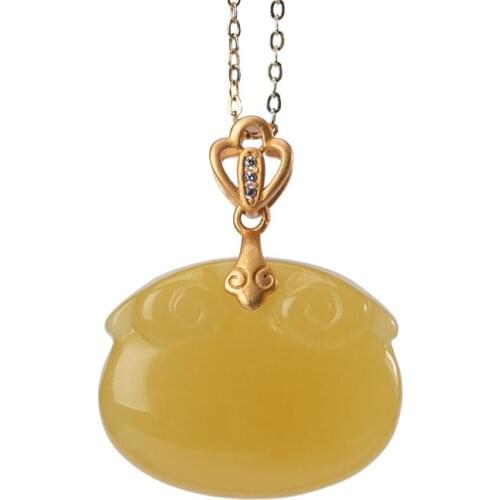 S925 sterling silver gold plated Natural Amber Beeswax Pendant Retro Temperament Ruyi Womens sweater chain Pendant