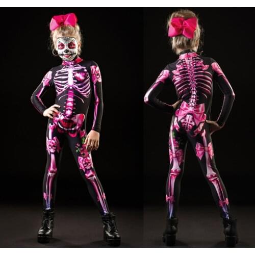 Halloween Costumes for Women Jumpsuit Sexy Skull Scary Costume Adult Kid Mother Daughter Skeleton Cosplay Pink Print Bodysuit