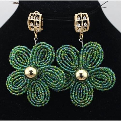 Pretty Handmade Green Seed Beads Flower Earrings Wholesale 5 Pairs/lot Bridesmaid Gift Earrings Accessories Free Shipping ER027
