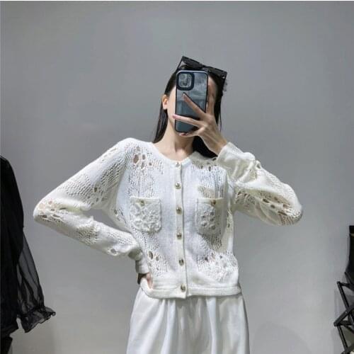 Brand Design Sexy Hollow Knitwear 2021 Spring Summer Single Breasted Cardigan Women Elegant White Openwork Sweater Coat