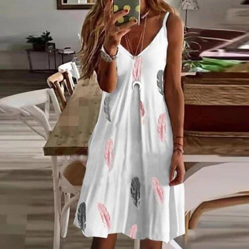 Fashion Feather Print Spaghetti Straps Mini Dress Women Elegant V Neck Spring Party Dress Summer Sleeveless A-Line Beach Dresses