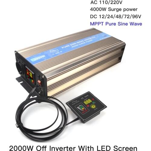 2000W MPPT Off Pure Sine Wave Inverter Solar Wind Power Hybrid Inversor 12/24/48V/72/96V With LED Screen Switch for 110V 220V