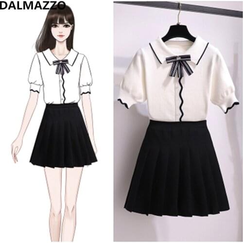 2021 Summer Fashion Striped Student Short Sleeve Knit Tops + Mini Skirt 2 pcs Sets Womens Pleated Skirt Suits Conjunto Feminino