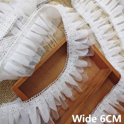 6CM Wide White Chiffon Mesh 3D Flowers Lace Ruffle Applique Fabric Collar Neckline Trim Fringe Ribbon DIY Sewing Decoration
