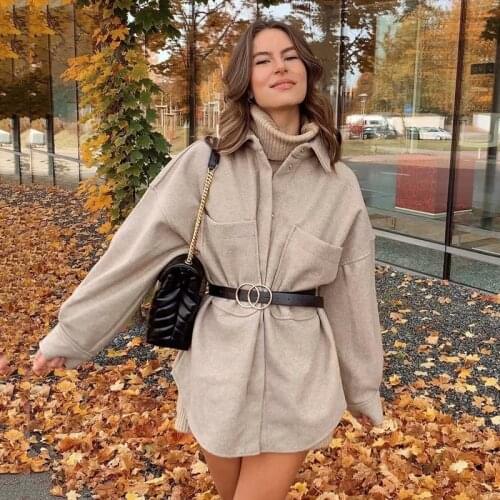 Ardm Coat Women Fashion Hidden Button Tweed Loose Vintage Long Sleeve With Pockets Casual Manteau Femme Winter Outerwear Tops