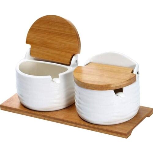 Hot Ceramic Sugar Bowl with Lids and Spoons-Porcelain Condiment Container Spice Jar,Salt Cellar for Kitchen,with Chalkboard Labe