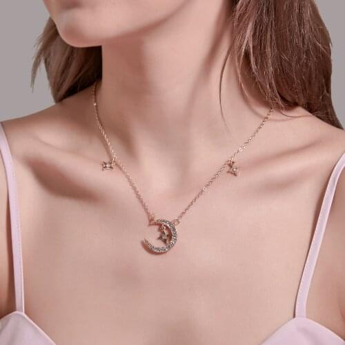 Curved Stars Moon White Rhinestone Rose Gold Golden Silver Plated Alloy Pendant Choker Necklace for Women