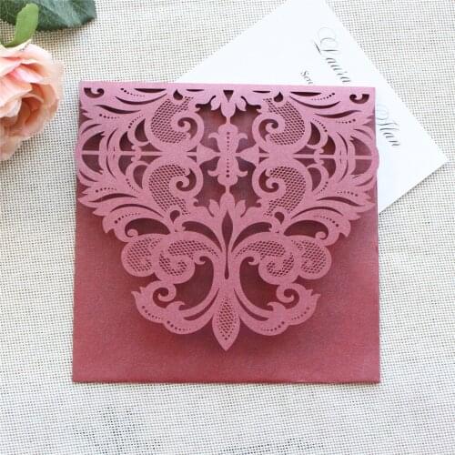 Burgundy Paper Invitation Pocket Floral Laser Cutting Customized Printing Multi colors 50 Sets
