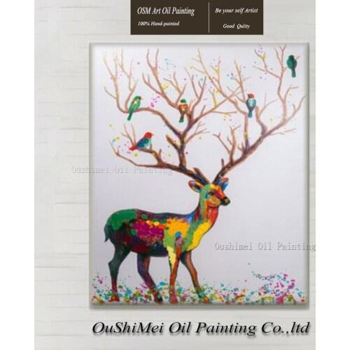 Beautiful Colorful Deer 100% Handmade Oil Painting On Canvas Animals Paintings for Home Decor Modern Birds of Antlers Landscape