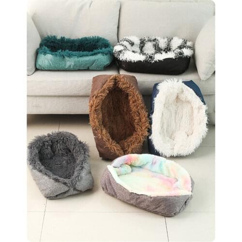 ADEWWEL Dog Beds For Small Dogs Comfortable Long Plush Puppy Cat Sofa Kennel Unfold Blanket Small Dogs Beds For Medium Chihuahua