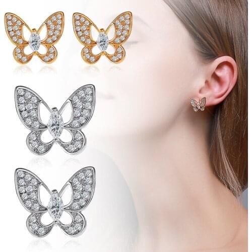 Cute Tiny Butterfly Stud Earring For Girls Jewelry Gift Exquisite Hollow Crystal Rhinestone Butterfly Ear Stud Earrings