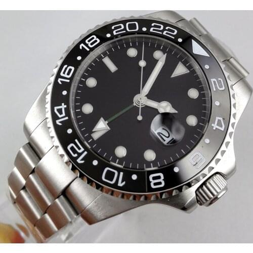 40MM Sterile Black Dial Sapphire Glass Date Luminous Ceramic Bezel Steel Bracelet GMT Automatic Movement Mens Watch