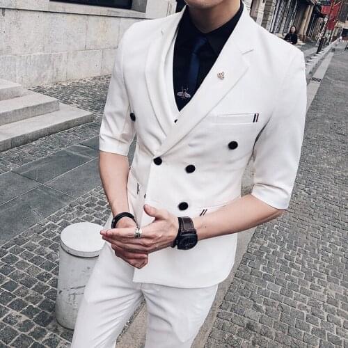 Double Breasted Men Suits for Wedding 2019 Korean Stylish White Suits Men Prom Suits Slim Fit Red Tuxedo Light Blue Traje Hombre