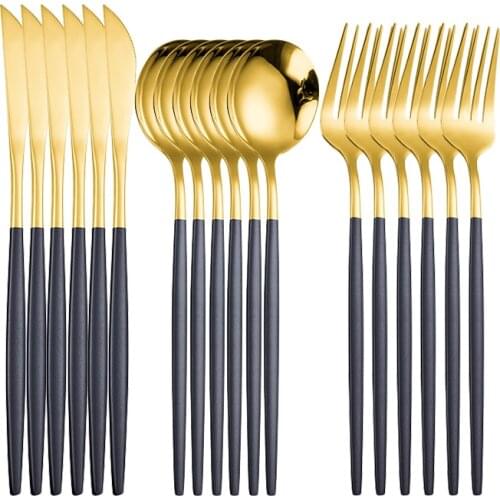 6/18Pcs Kitchen Cutlery Tableware Set Home Main Fork Knife Spoon Flatware Set Black Dinnerware Set Stainless Steel Black Cutlery