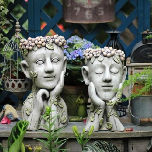 Outdoor Cement Meditation Head Flower Pot Portrait Statue Ornament Flower Garden Figurines Crafts Courtyard Sculpture Decoration