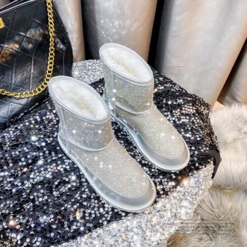 2021 New Crystal Winter Womens Snow Boots Waterproof Pure Color Lovely Warm Cotton Shoes Tube Suede Genuine Non-Slip Boot
