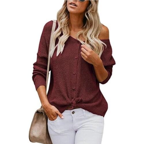 Autumn and Winter Knit Long Sleeve V-neck Buckle Knot Shirts Loose Black Gray Purple White T-Shirts
