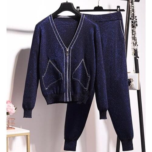 Autumn Fashion Knitted Outfits Women Tracksuits Cardigan Sweater Pencil Pants Set Female Loose Sports Navy Knit Suit Streetwear