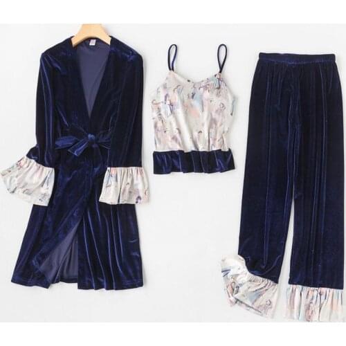Navy Blue 3 Pieces Sexy Women Velver Pajamas Set 2020 Autumn Winter Splice Sleepwear Pyjamas For Women Pijama Night Wear