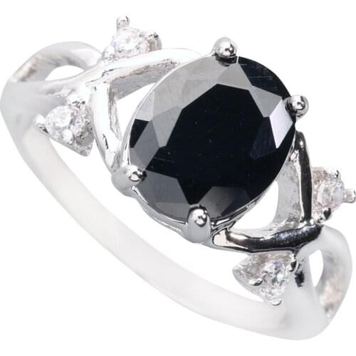 Superb Black Stone 8*10mm Semi-precious Stone Silver Cool For Women Ring Q1494