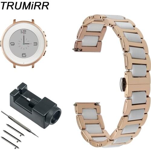 14mm Ceramic + Stainless Steel Watchband Quick Release Strap for Pebble Time Round 14mm Womens Watch Band Wrist Bracelet + Tool