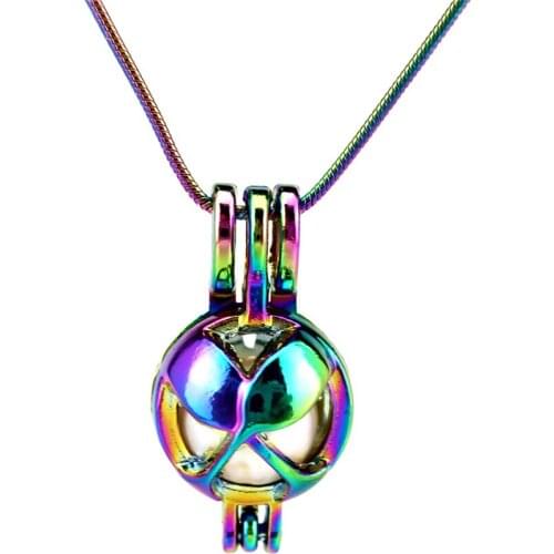 S-CP618 Rainbow Colors Steel Snake Chains Wine Glasses Cheers Natural Pearl Beads Cage Perfume Locket Pendant Necklace