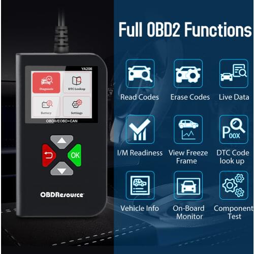 YA206 Engine Diagnostic Trouble Code Reader 12V with OBD2 Full Functions Car DTC Lookup On-Board Monitor Test Tool Free Upgrade