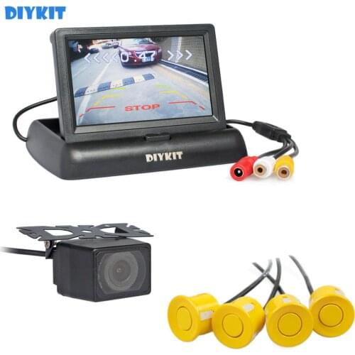 DIYKIT 4.3" Foldable Rear View Car Monitor Kit + 4 Parking Radar + IR Night Vision Car Camera Video Parking Radar