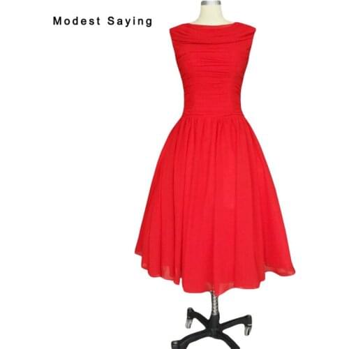 Modest Red Ball Gown Pleated Cocktail Dresses 1950s Vintage Dress for Christmas Knee Length Party Prom Gowns robe cocktail