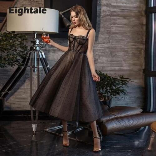 Eightale Vintage Prom Dress 2021 Spaghetti Strap Lace Polka Dot Tea Length Evening Gown Cleberity Graduation Party Dress 2021