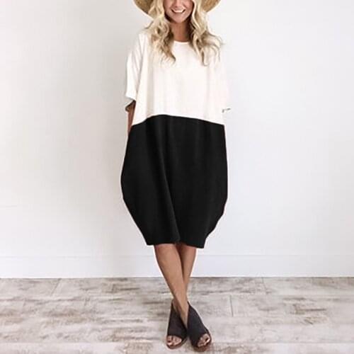 Women Casual Loose Linen Patchwork Tshirt Half Sleeve Soild Button Splice Pocket Dress O-neck Fashion Tops Poleras Mujer #PY