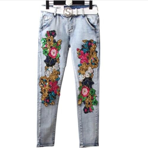 Plus size 25-31!2020 Spring Women Jeans Ladies New Fashions Sequins Light Blue skinny pencil jeans