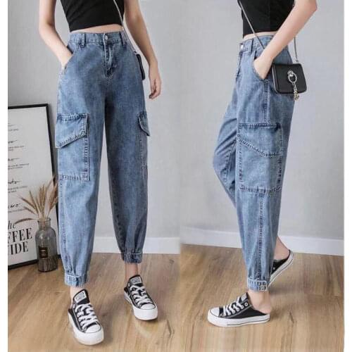 High Waist Slimming Jeans Womens Loose Feet Loose Old Daddy Elastic Waist Harem Cropped Harem Jeans Straight-leg Jeans