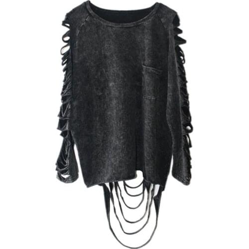 High Street Style Women Washing-black T Shirts 2021 Summer Hollow Out and Hole Tassel O-neck Long Sleeve Tops Tees