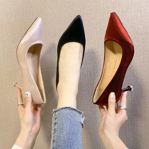 Plus Size 41 Women Dress Shoes Pearl Light High Heels Pointed Toe Pumps Thick Heeled Boat Shoes Woman zapatos mujer Spring 7967L