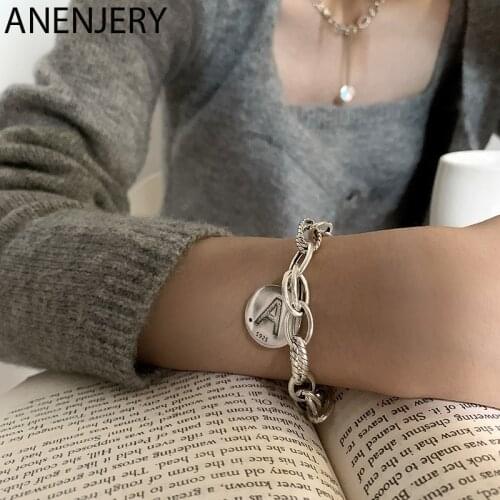 ANENJERY 925 Sterling Silver Letter A Head Round Pendant Bracelet for Women Men Hip Hop Bracelet Jewelry Gifts S-B523