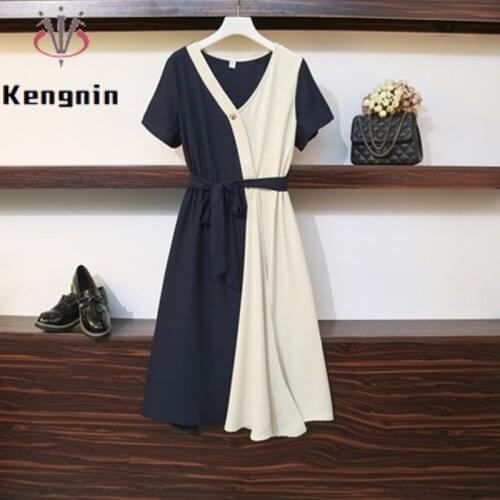 2021 Summer Dress Women Oversized Loose Patchwork Dress Office Lady Work Vestidos Sashes Bow Female Harajuku Robe Dress KE1267