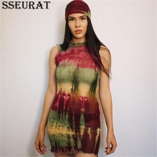SSEURAT Mesh Mini Dress Women 2021 Vintage Print Sexy Sleeveless High Waist Bodycon Skirt Female Midnight Clubwear
