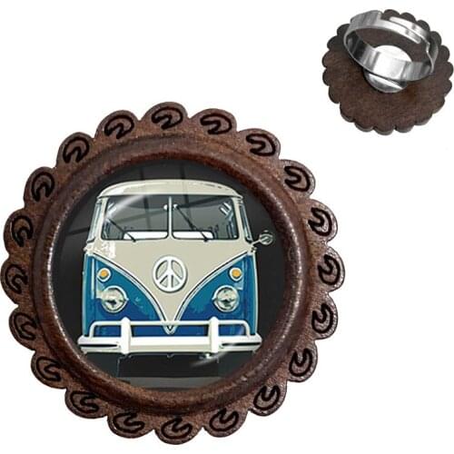 Peace Sign Wood Rings Love Bus Surf Van Beach Summer Hippie Peace Car Retro Vintage Flower Power Hippi Jewelry Seventies