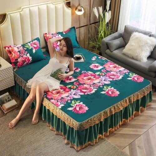 1pc Bed Skirt + Pillowcase Anti-slip And Dust-proof Bedding Set Sanding Soft Bedspread King Queen Size Lace Bed Cover