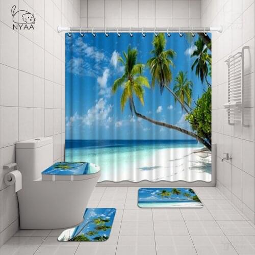 4-pieces Sea Beach Waterproof Shower Curtain Bathroom Non-slip Rug Set Bath Carpets Toilet Seat Cover Floor Mat 4 In 1 Set