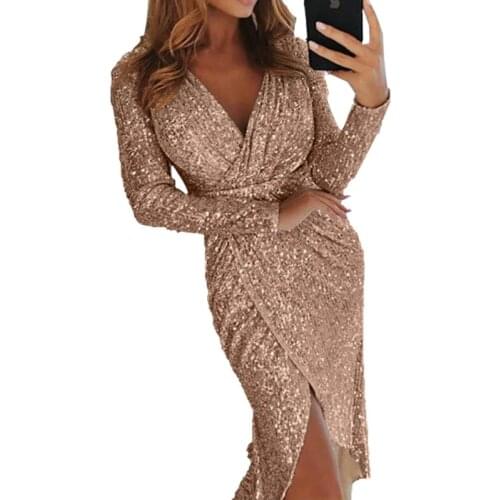 AECU Womens Dress 2021 Party Dresses Sexy Sequin Nightclub Party Long Dress V Neck Women Evening Banquet Party Dress Vestidos